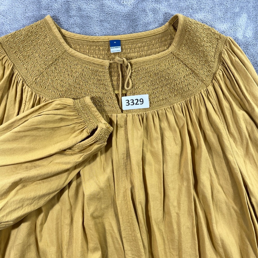 Old Navy Peasant Blouse Women XL Yellow Smocked Long Sleeve Boho Top